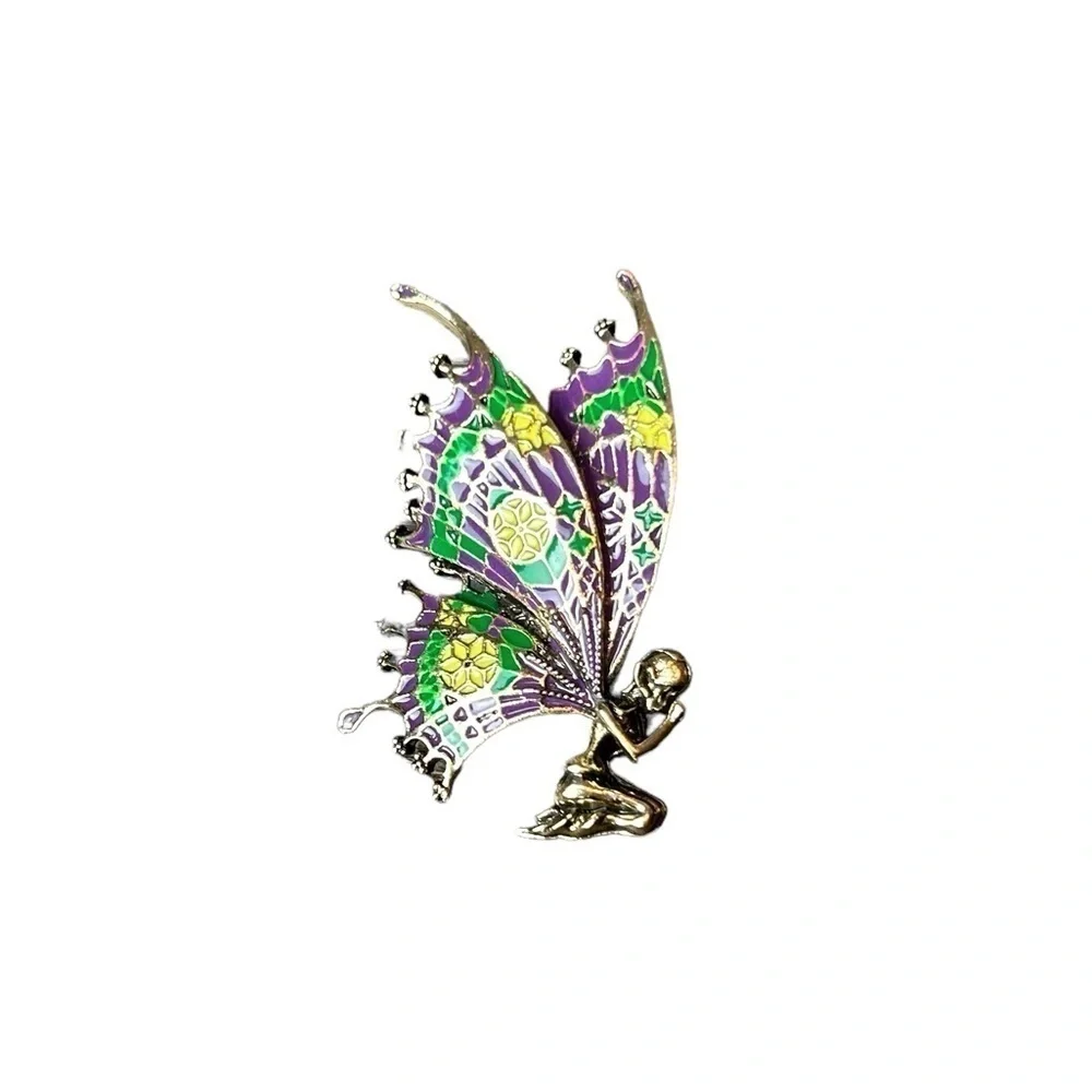 Fairy Brooch Kneeling Praying  Demential Colorful Wings Feminine Fairycore Pin